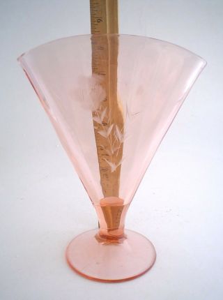 Vintage Depression Glass Fan Vase Pink Etched Rose