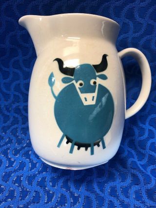 Arabia Finland Pottery Kaj Franck Airbrushed Blue Bull Cow Milk Pitcher 8”