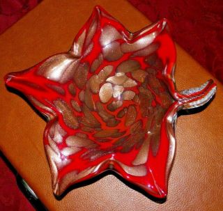 Murano Italy Red & Gold Hand Blown Glass Bowl Maple Leaf Shape 10x9 " Mid Century