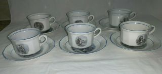 (set Of 6) Sterling China Cups And Saucers With Pilgrim,  Mayflower,  Etc Scenes