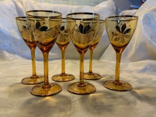 Vintage Amber Wine Glasses Gold Trim And Flowers Mid Century Modern 50 - 70s
