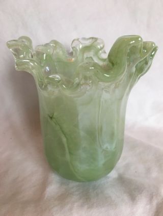 Vintage Lavorazione Arte Murano Glass Green Ruffle Rim Vase Made Italy 5”