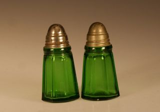 Vintage Owens - Illinois Glass Dark Green Octagonal Salt & Pepper Set Signed C1935