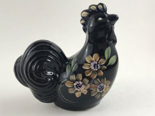 Fenton Glass Black Rooster With Handpainted Flowers Signed By Artist
