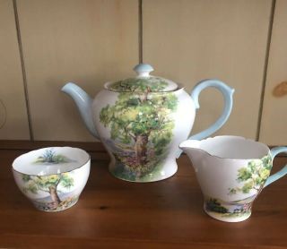 Shelley Fine Bone China " Woodland” Teapot 13348 Sugar & Creamer England 3 Piece