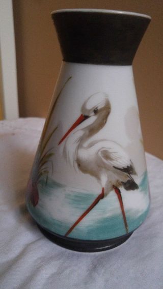 Vintage Ceramic Hand Painted Heron Crane Bird Water Scene Scenic Vase