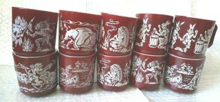 Vintage Hazel Atlas Milk Glass Mugs Cups Red W/indian 6 Styles Scenes Set Of 10