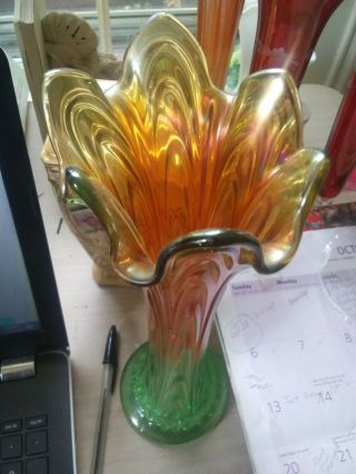 Vintage Fenton Boggy Bayou Carnival Glass Vase Marigold And Green Swung Ruffled