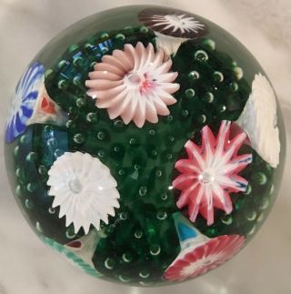 Vintage Art Glass Paperweight Controlled Bubbles Flowers Hand Blown Pink Green