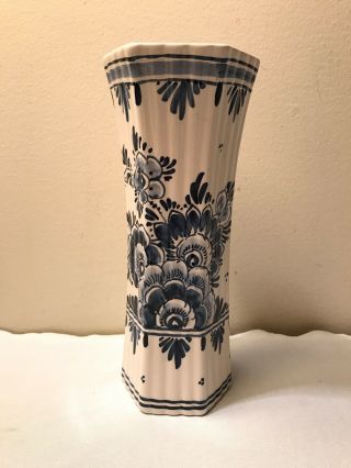 Vintage Delfs Holland Hand Painted Blue & White Floral Pottery Vase 10” - Signed