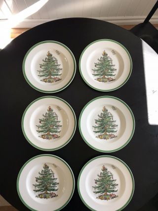 Set Of 6 Spode Christmas Tree Dinner Plates 10 1/2 " Made In England