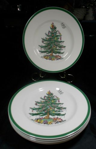 6 Spode Christmas Tree S3324 England Green Band 10.  5 " Dinner Plates Vgc
