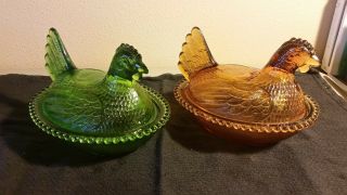Vintage Carnival Glass Rooster/hen On Nest Covered Candy Dish