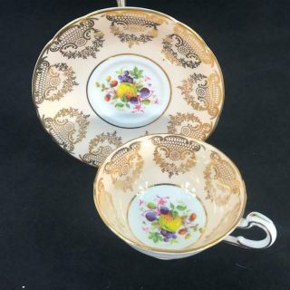 Paragon England Orchard Fruit Gold Filigree Swag Peach Cup Saucer 2