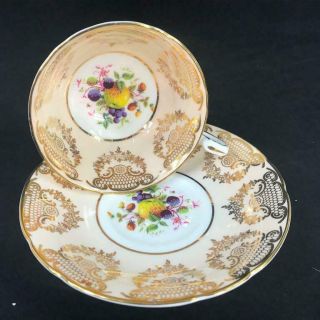 Paragon England Orchard Fruit Gold Filigree Swag Peach Cup Saucer 3
