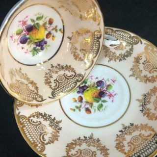 Paragon England Orchard Fruit Gold Filigree Swag Peach Cup Saucer 4