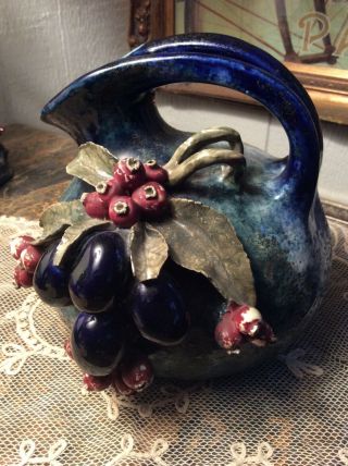 Vintage Blue Majolica Ewer With Leaf And Berry Design