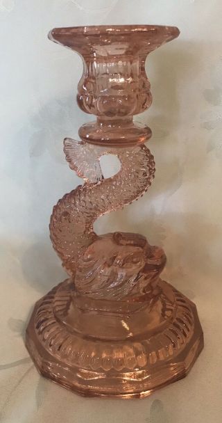 Pink Depression Glass Candlestick Sea Serpent Dragon Dolphin 8 "