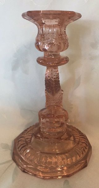 PINK DEPRESSION GLASS CANDLESTICK SEA SERPENT DRAGON DOLPHIN 8 