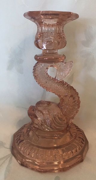 PINK DEPRESSION GLASS CANDLESTICK SEA SERPENT DRAGON DOLPHIN 8 