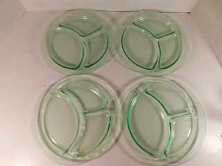 4 Vintage Green Depression Glass Divided 9 Inch Dinner Plates