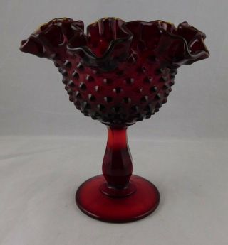 Early Fenton Ruby Red Glass Hobnail Double Crimped Ruffled Rim Compote