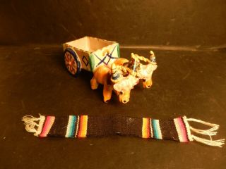 Vintage Italy Signed & Numbered Majolica Pottery Oxen Cart Planter,  Serape