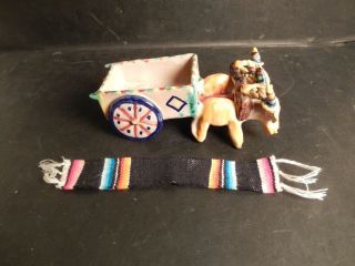 Vintage Italy Signed & Numbered Majolica Pottery Oxen Cart Planter,  Serape 2