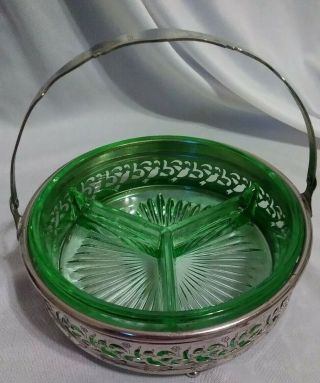 Vtg Green Depression Glass Divided Relish Tray/dish With Silvertone Metal Holder