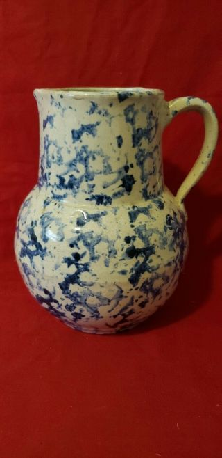 6 1/2 " Stoneware Spongeware Splatter Ware Blue On White Pitcher