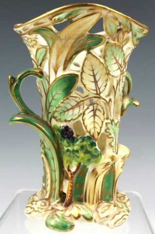 Antique 19c Signed Coalport English Porcelain Reticulated Green Floral Vase Bub