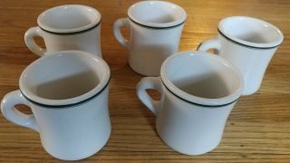 VICTOR Coffee Mugs Set of 5 Restaurant Ware Green Stripe Rim,  White Body 2