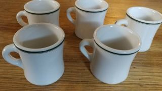 VICTOR Coffee Mugs Set of 5 Restaurant Ware Green Stripe Rim,  White Body 3