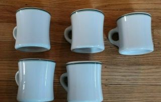 VICTOR Coffee Mugs Set of 5 Restaurant Ware Green Stripe Rim,  White Body 7