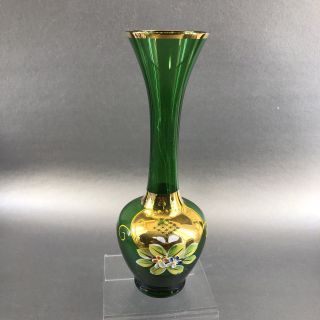 Handpainted 8 " Emerald Green Floral Crystal Glass Vase Czech Bohemian Vintage