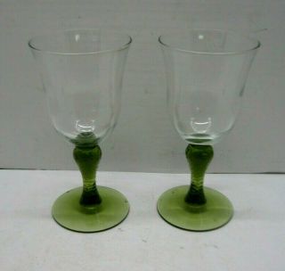 Vintage Avocado Green Glass Wine Glasses Goblets Textured Stem Set Of 2