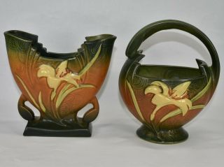 Vintage Roseville Pottery Zephyr Lily Brown Vase 205 - 6 And Basket 393 - 7