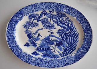 Vintage Blue & White Porcelain Sekisui Large Oval Platter With Storks Japan 18 "