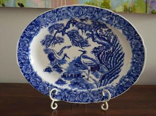 Vintage Blue & White Porcelain Sekisui Large Oval Platter With Storks Japan 18 