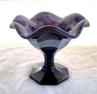 Vintage Imperial Glass Purple White Swirl Slag Glass Compote Pedestal Ruffle Rim