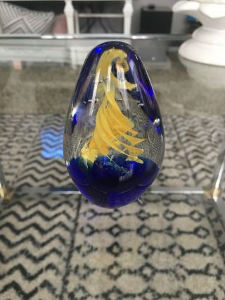 Vintage Hand Blown Art Glass Paperweight With Yellow And Blue Controlled Bubbles