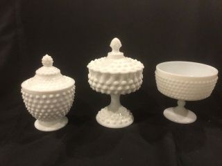 Three Milk Glass Hobnail Pedestal Candy Dishes