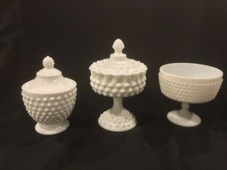 Three Milk Glass Hobnail Pedestal Candy Dishes 2