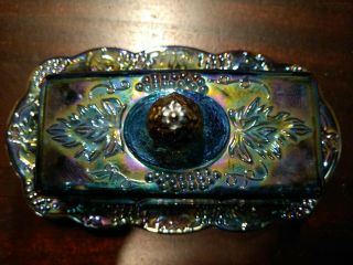 Vintage Blue Carnival Glass Indiana Harvest Grape Iridescent Butter Dish And Lid