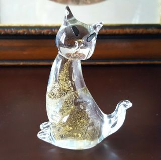 Vintage Murano Style Art Glass Cat Figurine With Gold Aventurine