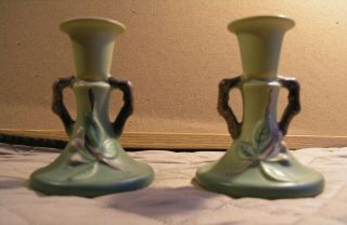 A Roseville Candle Holders - Green - Apple Blossom Pattern