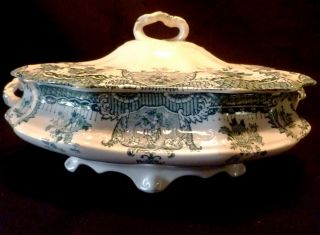 Antique Wedgwood Raleigh Covered Bowl Tureen Blue Green English Transfer Ware