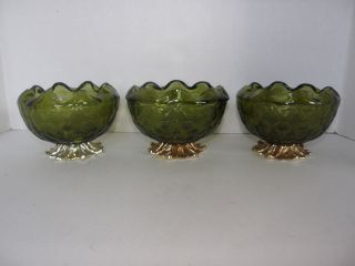 Vintage Set Of 3 Green Glass Candy Dish - Bowl Scalloped Edge With Metal Base