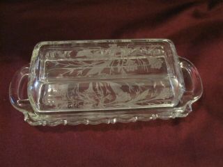 Vtg.  Covered Glass Butter Dish,  Floral Etching
