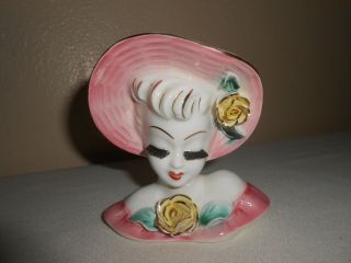 Vintage Lefton Lady Head Vase Wall Pocket Planter Pink & Yellow Roses
